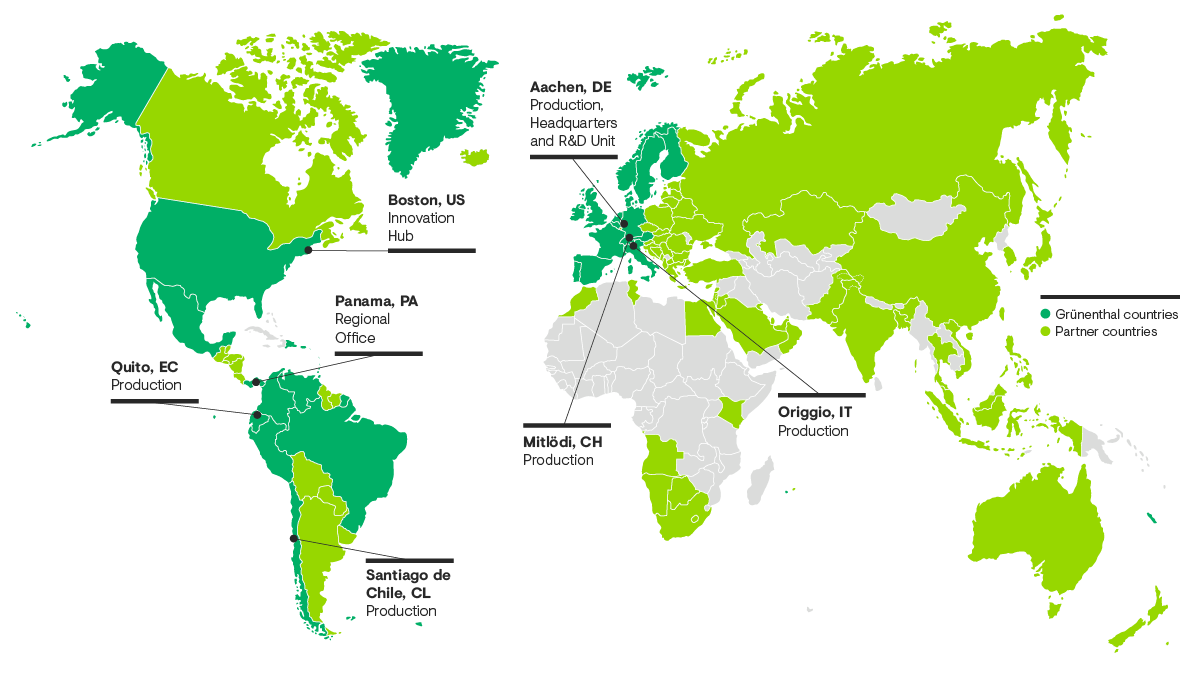 Carte des filiales Grünenthal dans le monde entier, avec un aperçu des sites de production et des emplacements de nos entreprises partenaires.